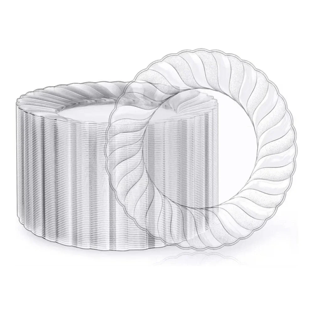 FOCUSLINE 100 Count Clear Plastic Plates 9 Inch, Disposable Heavy Duty Dinner...